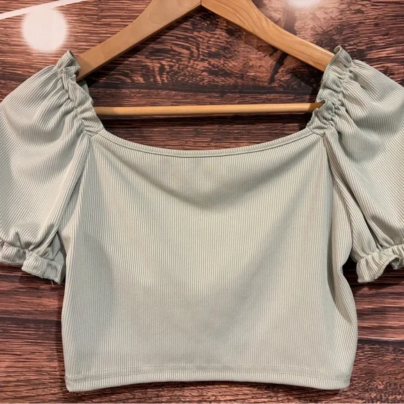 SHEIN Puff Sleeve Crop Top - Light Gray - Picture 1 of 12